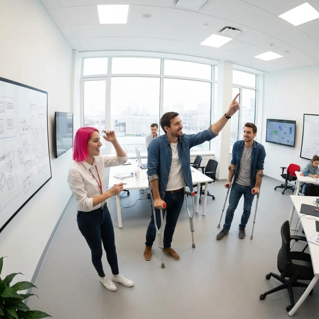 A diverse team brainstorming in a creative workspace, illustrating the benefits of disability inclusion in innovation